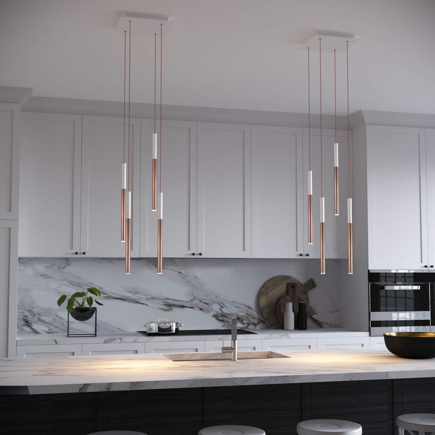 ALTAIR 4 Mini Pendant Lighting White-Copper - LED Hanging Light Fixture for Kitchen Island, Bar, Foyer - Cluster Pendants - Dimmable, Adjustable Wire, Lamp Bulb Included