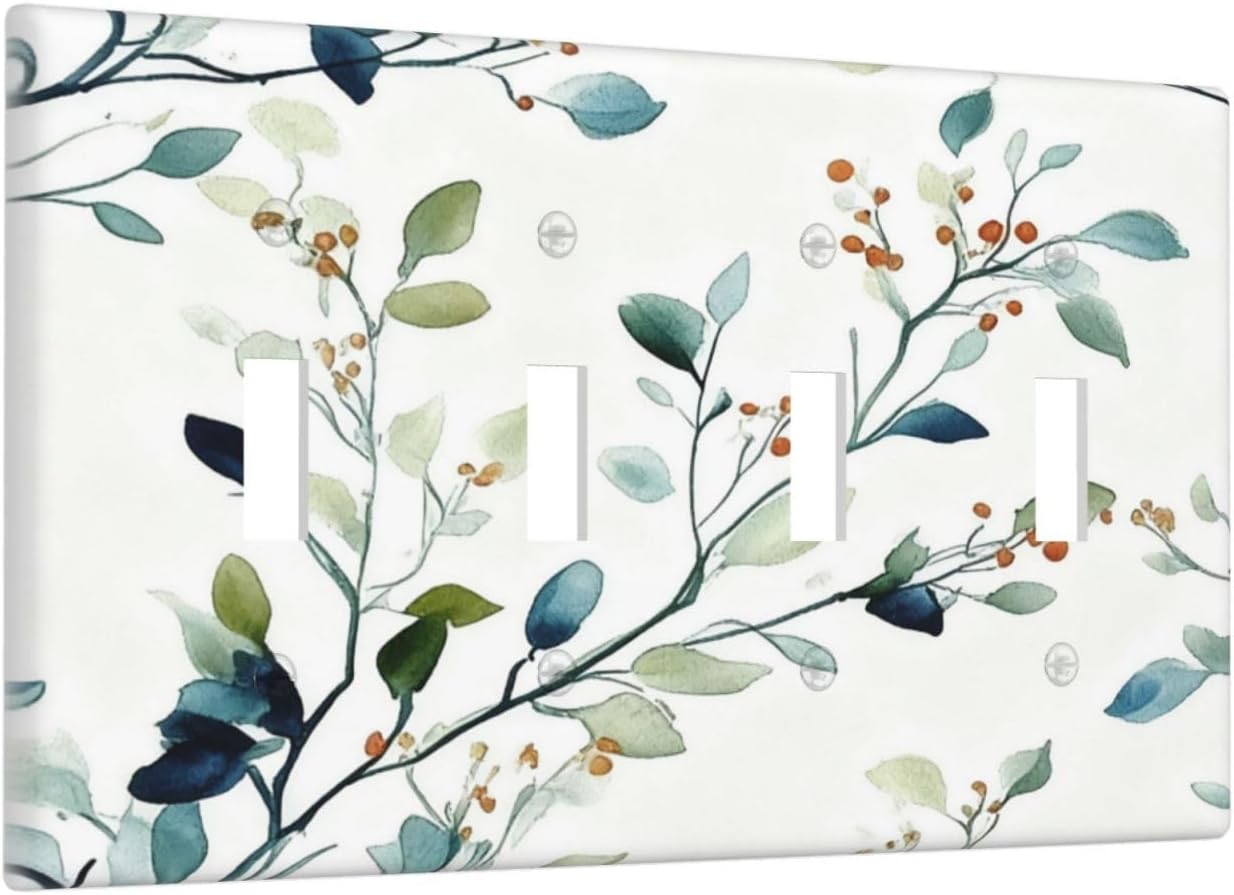 Decorative Light Switch Cover Plate Eucalyptus Leaf Geen Sage Leaves 4 Gang Wall Plates for Electrical Outlets Quad Toggle Switch Plate Covers Outlet Covers Faceplate for Bedroom Home Decor