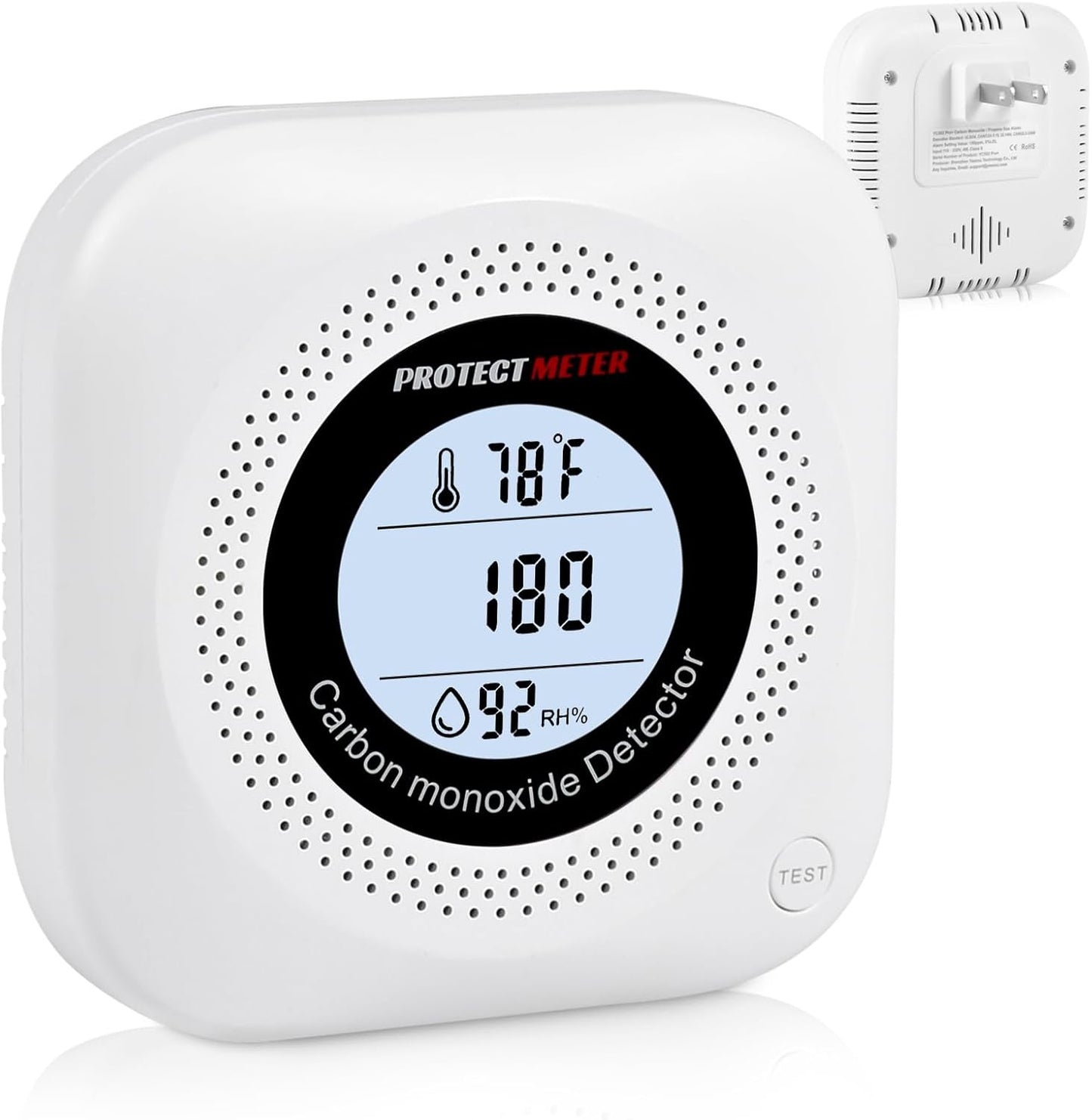 Carbon Monoxide Detector Plug in with Temperature & Humidity, 3-in-1 Portable CO Detector for Travel, Hotel, Home and RV Safety, Carbon Monoxide Alarm with Real-Time CO Monitor Display