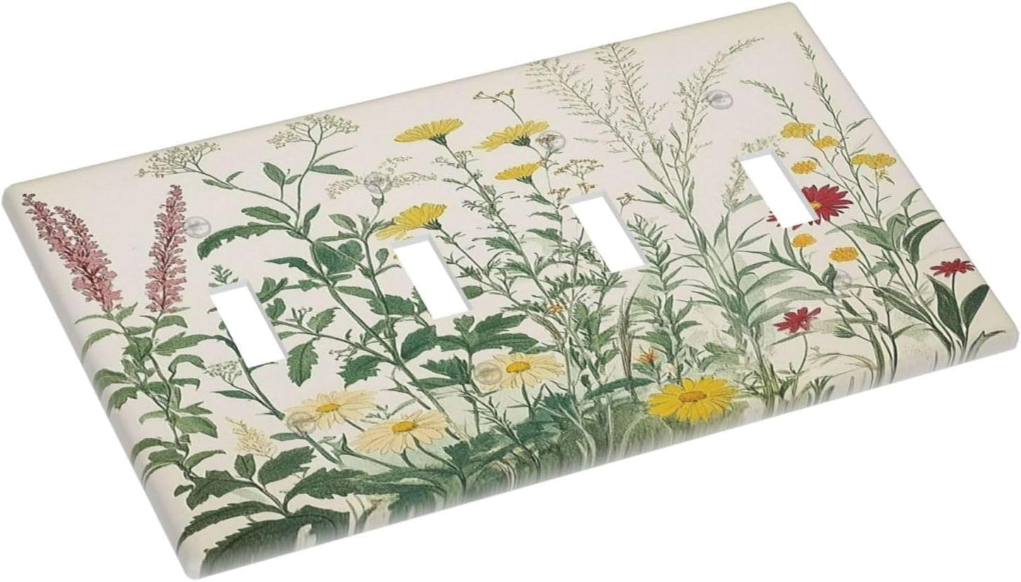 Rustic Wildflower Green Plants Daisy Floral Light Switch Covers Quad Toggle Electrical Faceplate 4 Gang Wall Plate Decorative Switch Plates For Farmhouse Bed Room Decor