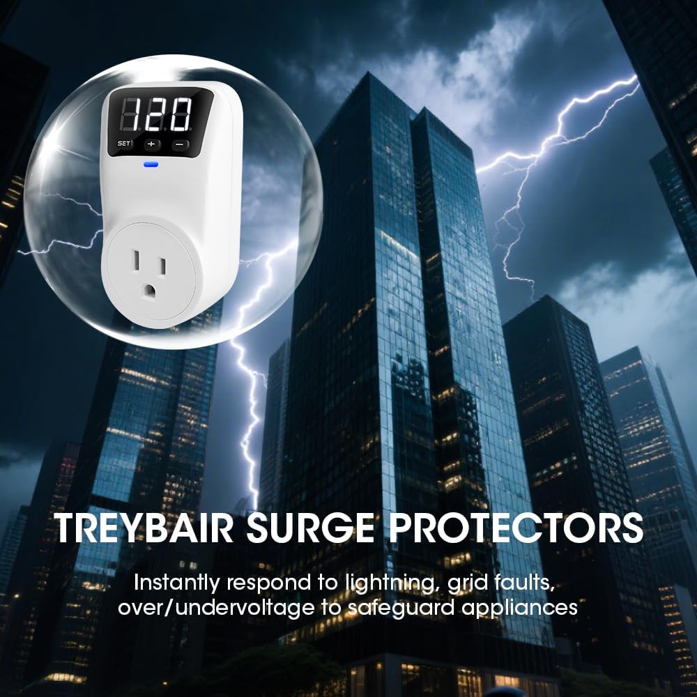 Smart Surge Protector Voltage Stabilizer Fireproof UL94V-1 Wall Mount Surge Protector Outlet for Refrigerator, TV & Heavy-Duty Appliances w/Real-Time Monitoring & Custom Voltage 80V-140V