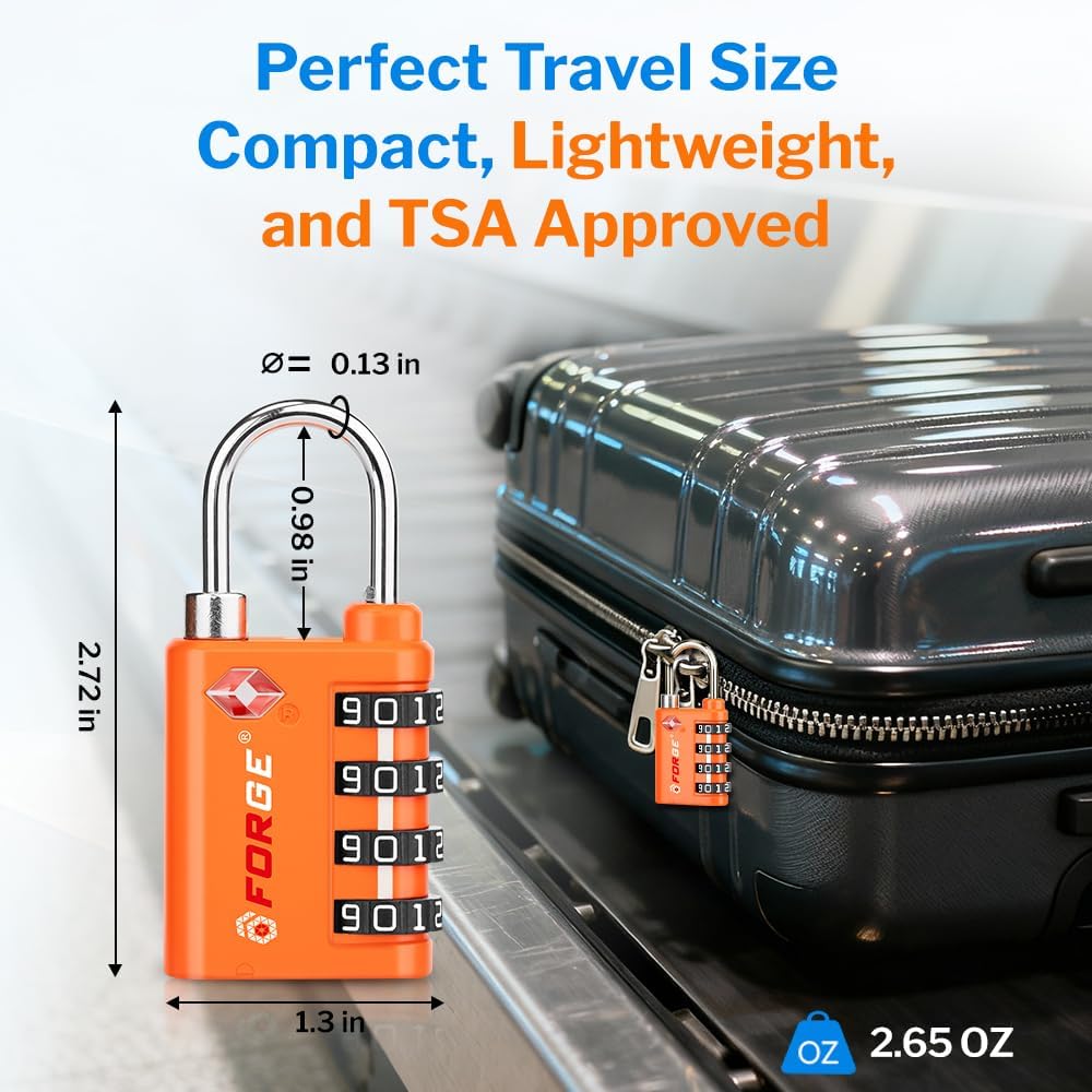 Forge Dual-Opening: Key or Combination Lock, TSA Approved Lock for Luggage, Pelican case, Travel, Gym, School, Luggage Combination Lock, Travel Bag Lock (Orange 2 Pk)