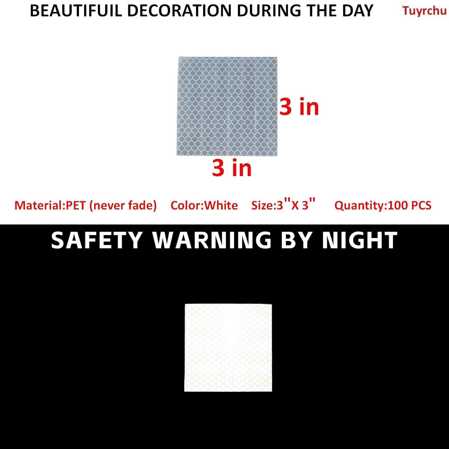 Non Fading White Reflective Stickers 3 inch X 3 inch, Outdoor Waterproof High Visibility Warning Safety Adhesive Reflector Tape (100 Pcs)