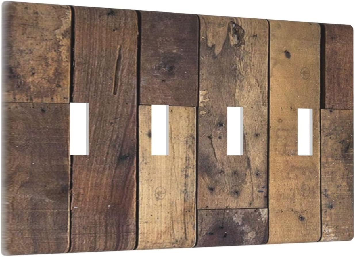 Cool Brown Wood Style Vintage Rustic Print Light Switch Covers Quad Toggle Electrical Faceplate 4 Gang Wall Plate Decorative Switch Plates for Farmhouse Home Decor