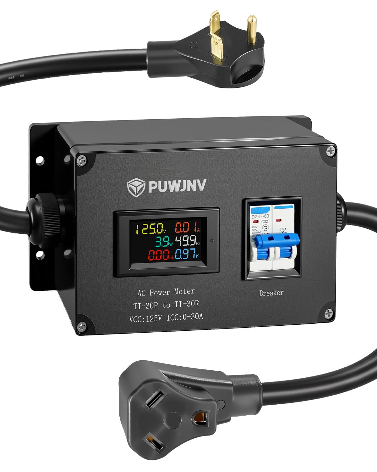 30A AC Power Meter, 125V NEMA TT-30P to NEMA TT-30R Outlet Energy Monitor, LCD Display Digital Multimeter Tester, Voltage Current Power Frequency Meter with Overload Protection