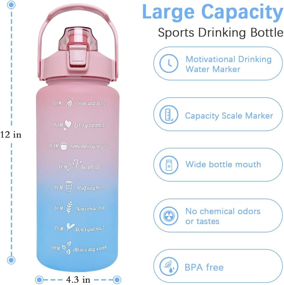 64 oz Large Capacity Water Bottle with Motivational Time Markers and Straw, Portable, Leakproof, BPA Free for Fitness, Gym and Outdoor Sports. (Pink)