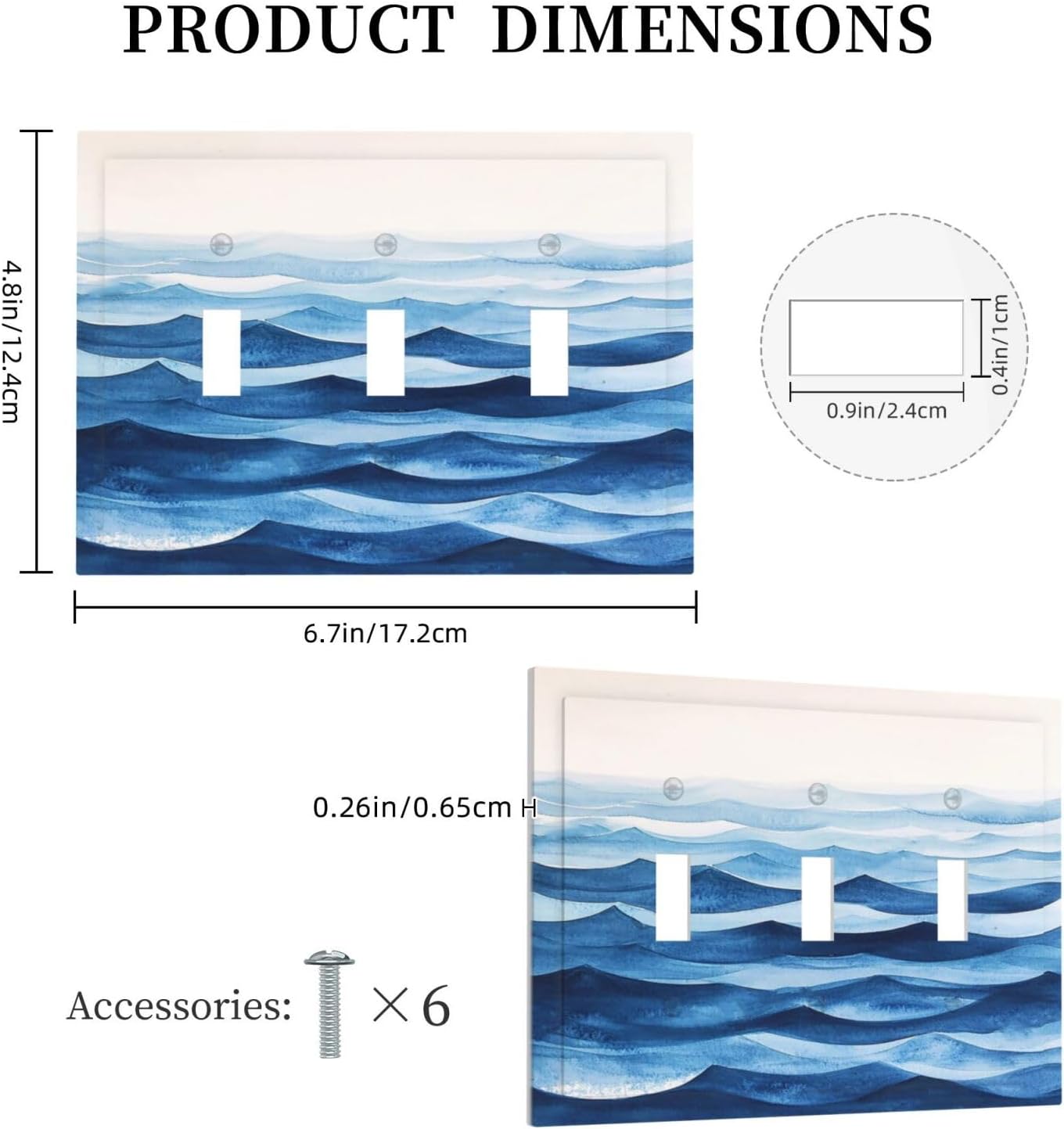 Decorative Light Switch Cover Plate Blue Watercolor Textured Abstract Ocean Wave 3 Gang Wall Plate Triple Toggle Switch Plate Covers Electrical Outlet Cover for Bedroom living Room Decor