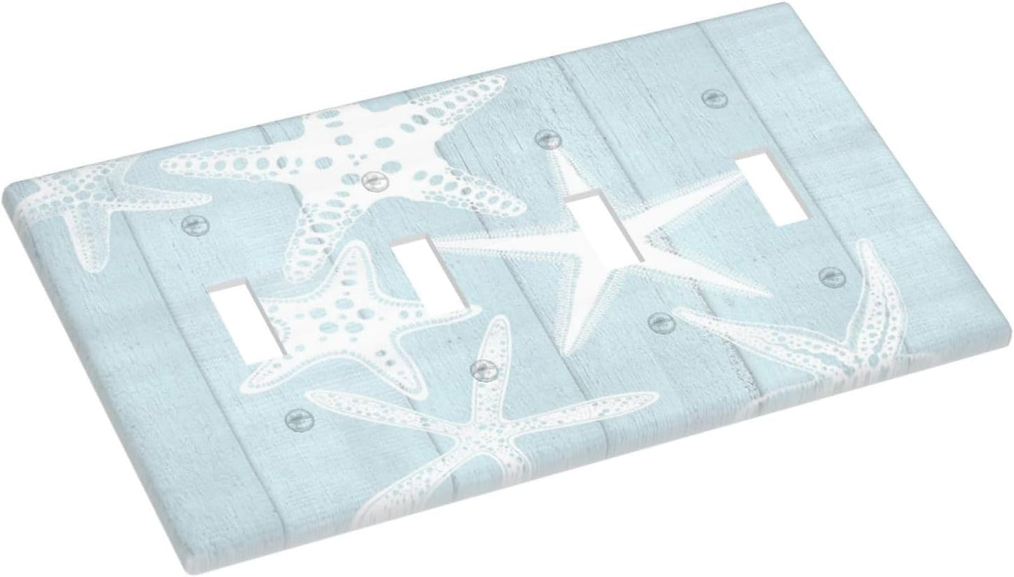 Beach Starfish Vintage Wood Rustic Country Ocean Light Switch Covers Quad Toggle Electrical Faceplate 4 Gang Wall Plate Decorative Switch Plates Cover for Farmhouse Kids Room Decor