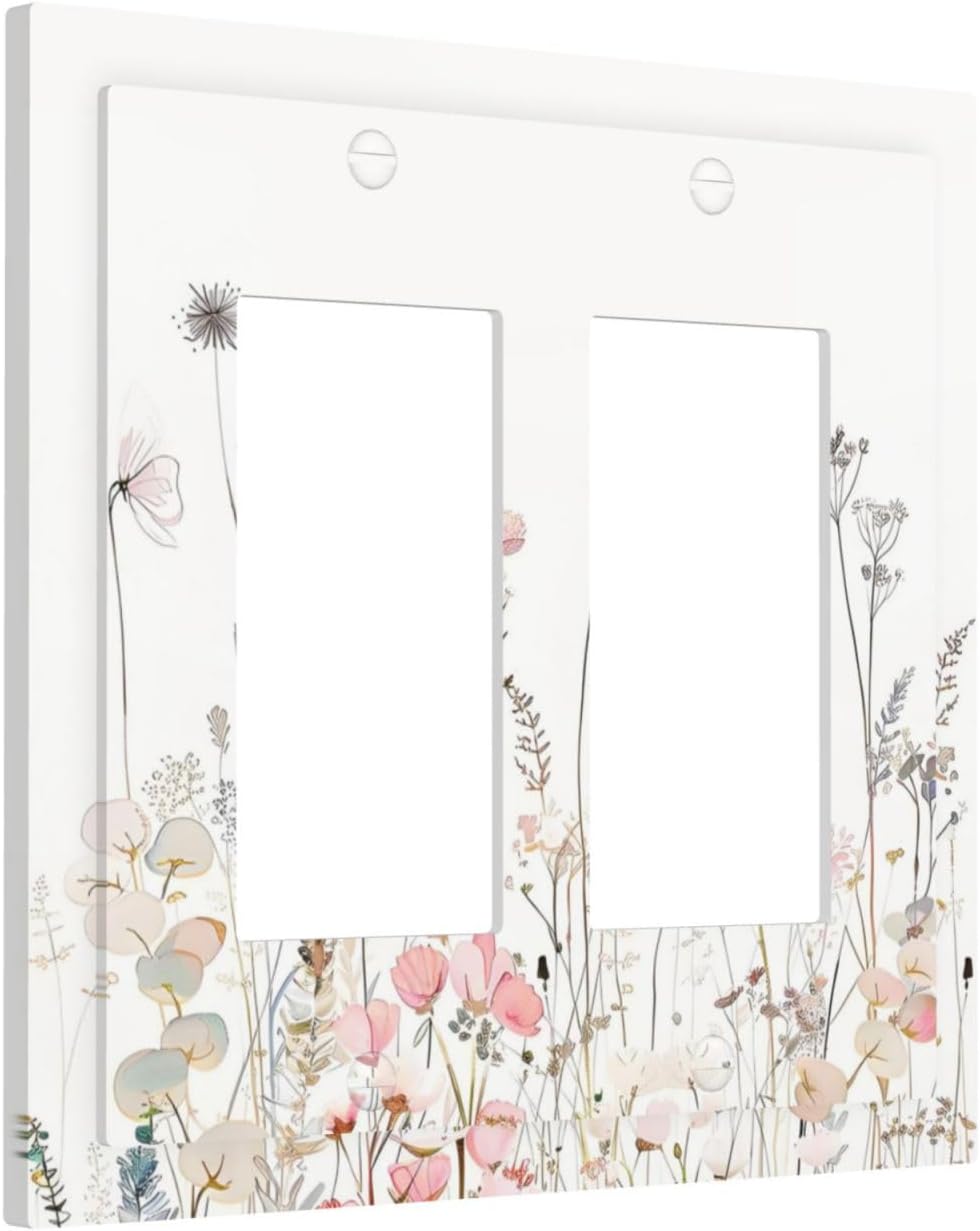 Floral Watercolor Wildflower Dandelion Plant Decorative Outlet Covers 2 Gang Double GFCI Rocker Electrical Wall Panels Light Switch Cover Plate for Farmhouse Bed Room Decor