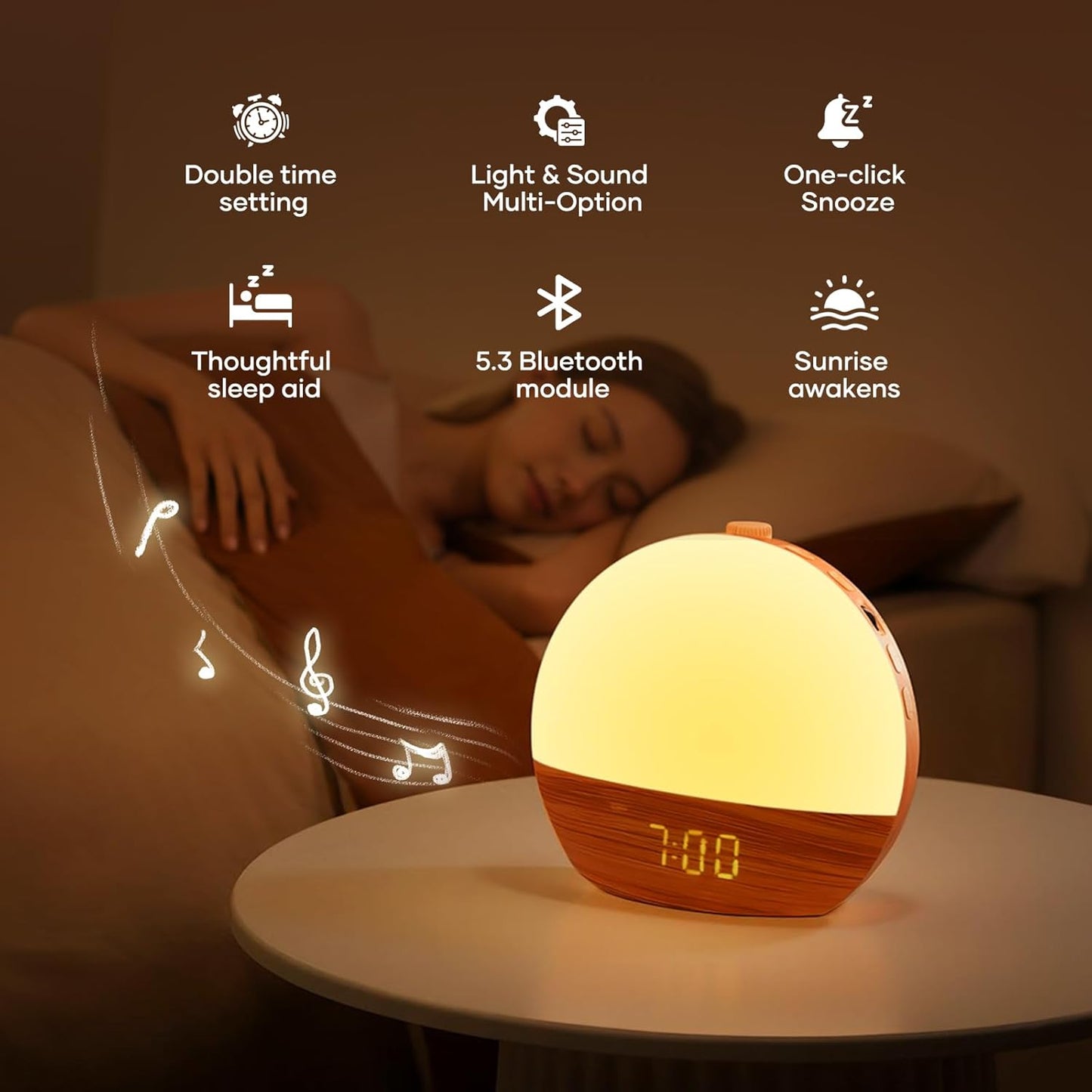 Stillstorm Sunrise Alarm Clock, Sound Machine, Wood Grain Dimmable Night Light for Heavy Sleepers, White Noise Machine for Baby, Dual Alarm Function 30 Sleep Sounds, Wake Up Light with 17 Effects