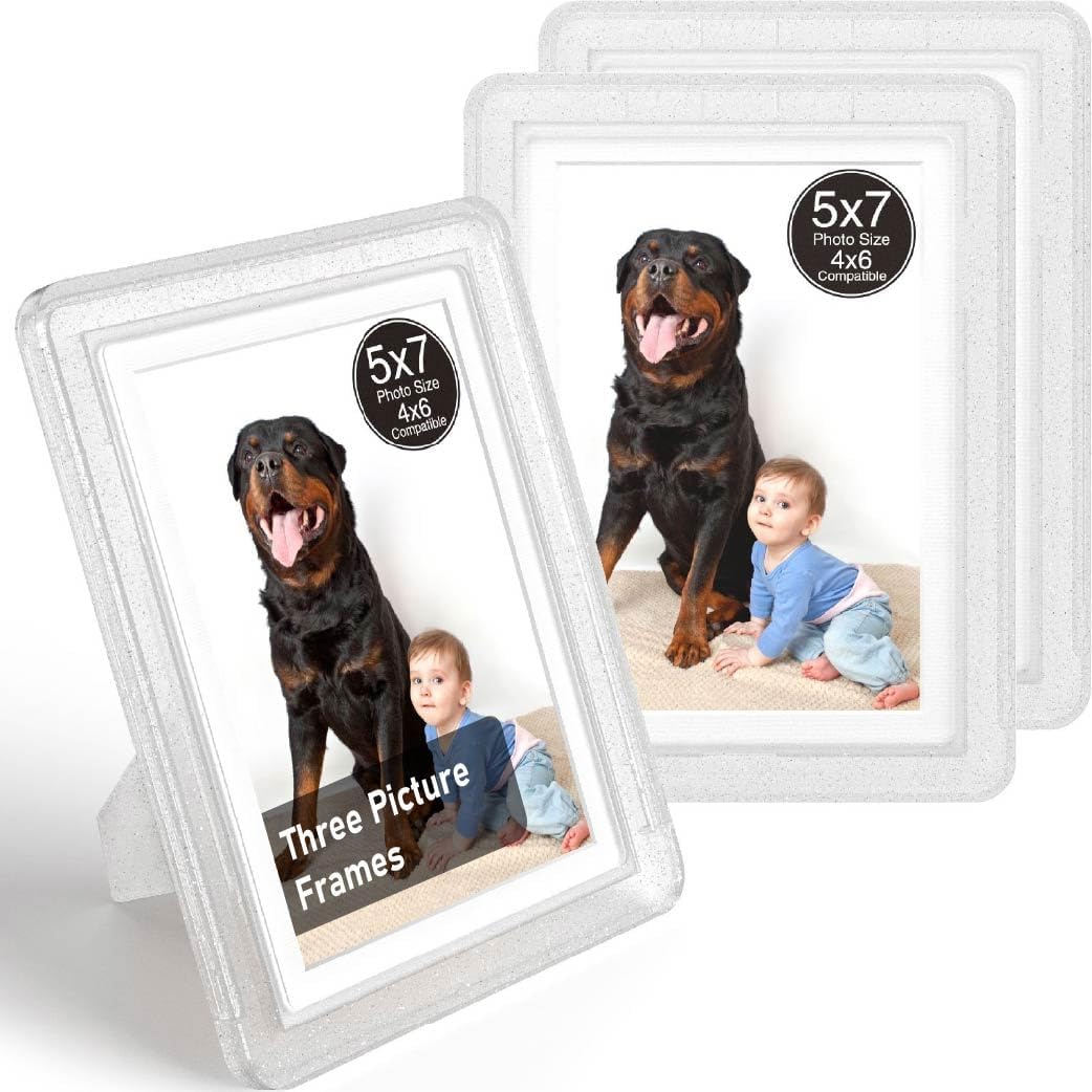Crystal 5x7 Picture Frame with Acrylic Front 3 Pack, ABS Frame for 5x7 or 4x8 Photos, Shatterproof UV-Resistant Tabletop Photo Frame, Vertical/Horizontal Display for Home Décor