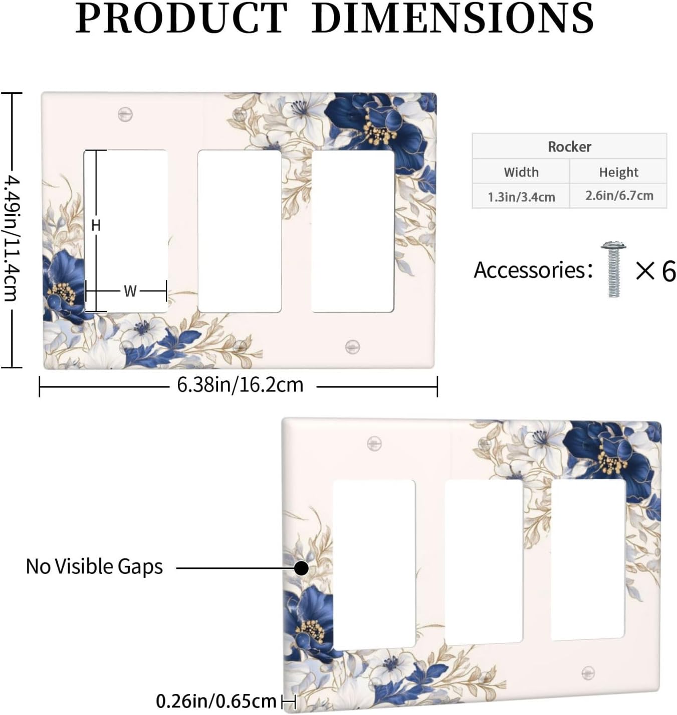 Decorative Outlet Covers Rustic Blue White Flowers Floral Penoy 3 Gang Wall Plate Triple Rocker Light Switch Cover Plate Jumbo Electrical GFCI Face Plate for Bedroom Home Decor