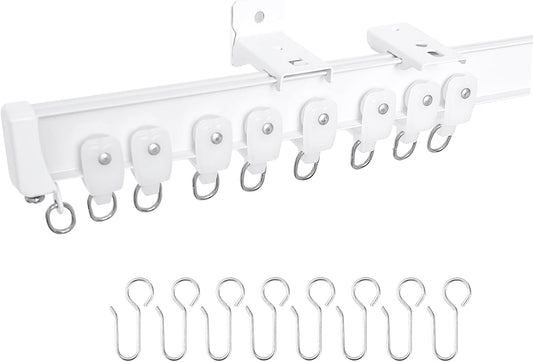 Aluminum Ceiling Curtain Track Set with Hooks Ceiling Mount and Wall Mount Room Divider Sliding Curtain Tracks Rods Flexible Heavy Duty Curtain Rail Hook Sets, White,18FT