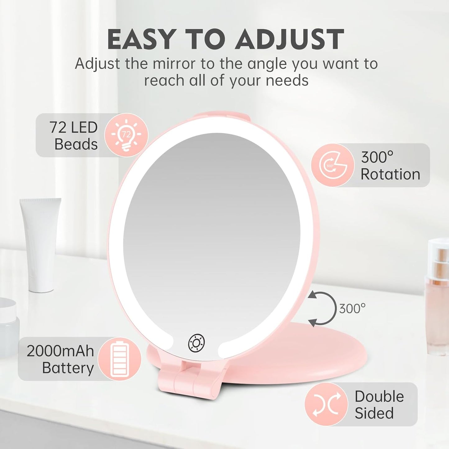 FUNTOUCH Travel Mirror with Light, 10X 1X Double Sided Magnification Rechargeable Mirror for Women Girls with 3 Color Setting Adjustable Rotation LED Vanity, Pink