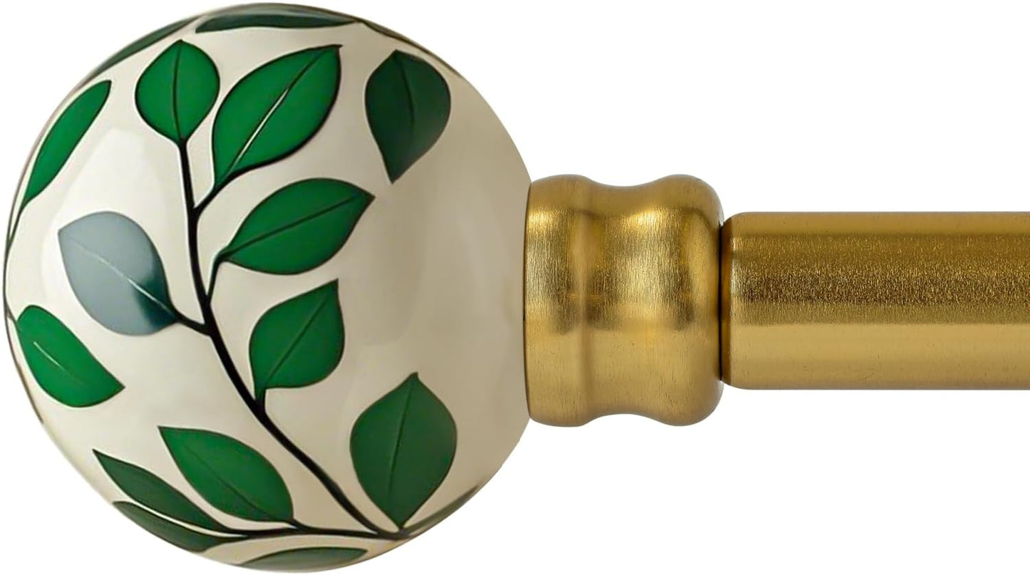 Gold Curtain Rods for Windows 72 to 144 Inches Adjustable Length Heavy Duty 1" Diameter Green Ceramic Window Curtain Rod with Modern Leaf Pattern Decorative Finials for Bedroom Living Room Kitchen