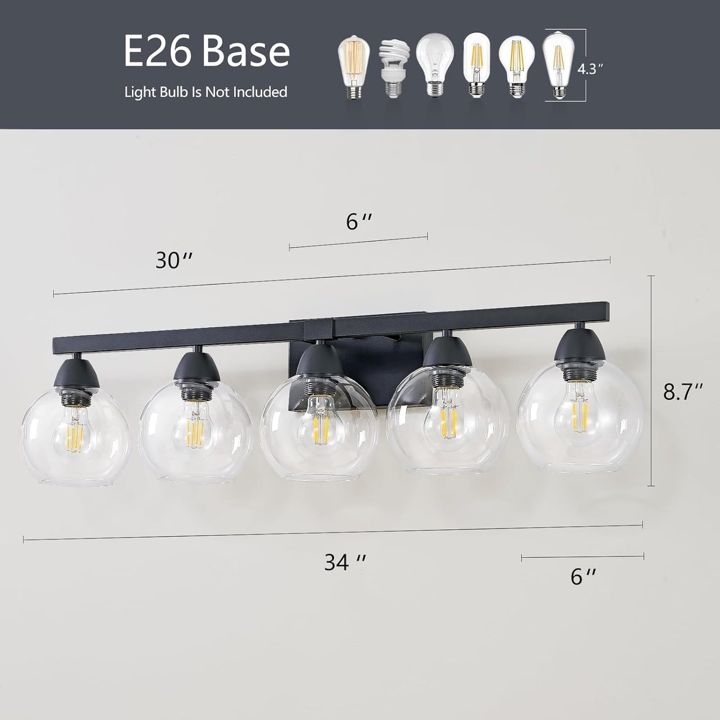 5-Light Bathroom Light Fixtures, Black Vanity Light with Premium Hand-Blown Glass Shades, Ultra-Clear & Impact-Resistant, Wall Lamp for Mirror, Living Room, Kitchen