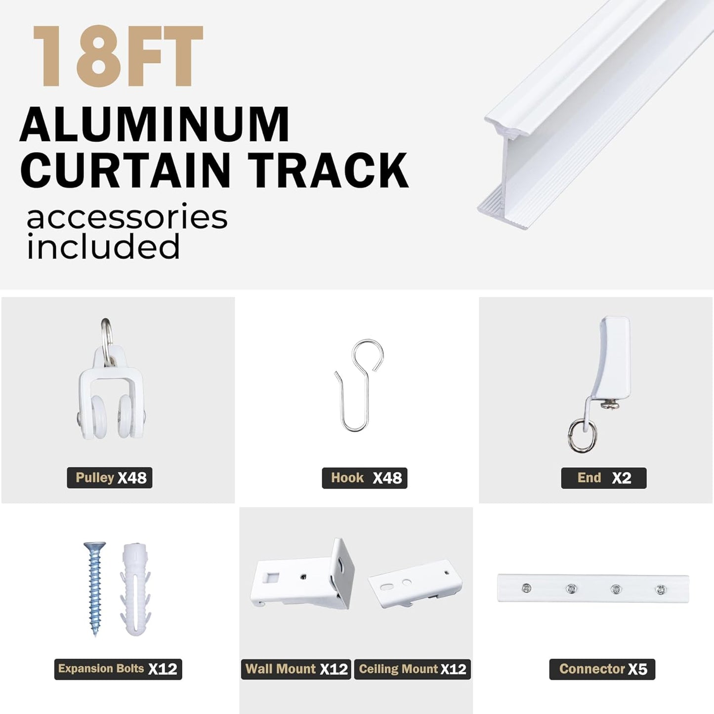 Aluminum Ceiling Curtain Track Set with Hooks Ceiling Mount and Wall Mount Room Divider Sliding Curtain Tracks Rods Flexible Heavy Duty Curtain Rail Hook Sets, White,18FT