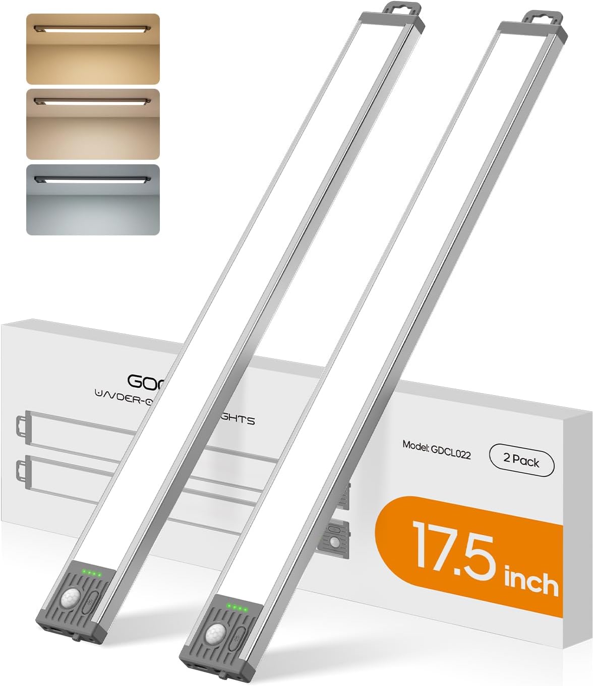17.5Inch Under Cabinet Lighting, 4500mAh Rechargeable Battery Motion Sensor Light Indoor, Wireless Under Cabinet Lights for Kitchen, Closet（2 Pack-17.5 inch