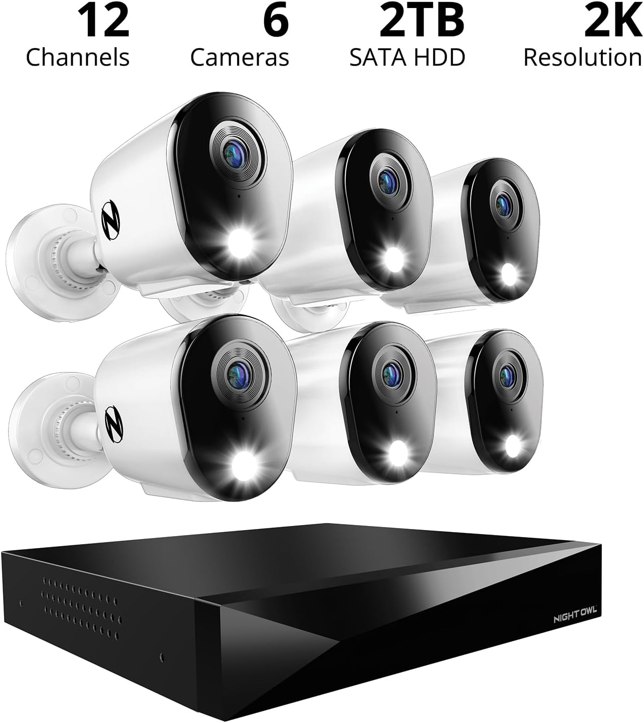 Night Owl 2-Way Audio 12 Channel DVR Video Home Security Camera System with (6) Wired 2K HD Indoor/Outdoor Deterrence Cameras and 2TB Hard Drive (Add up to 4 More Wired and 4 Wi-Fi Cameras) (6 Camera)