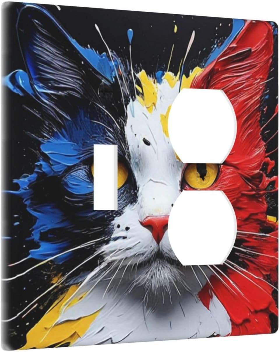 Decorative Outlet Covers Colorful Doodle Cute Funny Black Red White Cat 2 Gang Wall Plate Cover Single Toggle Duplex Combo Two Switch Light Switch Cover Plate Faceplate