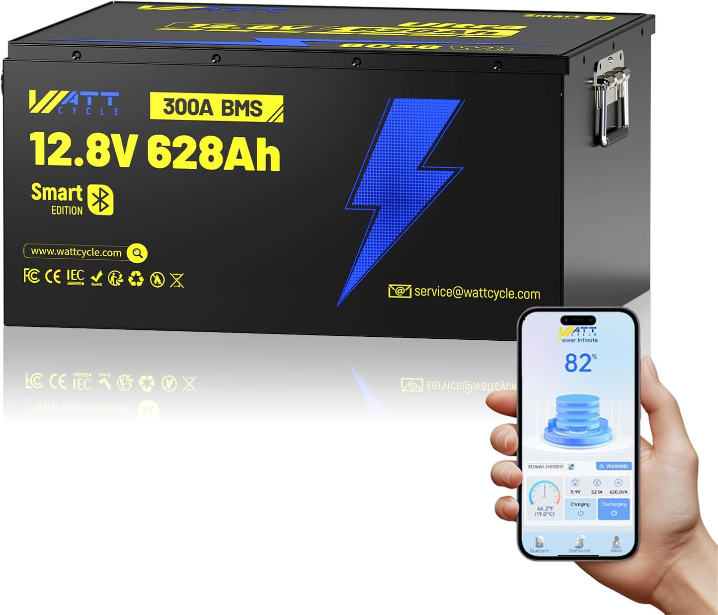 WattCycle 12V 628Ah LiFePO₄ Battery, Lithium Battery 12V 300A BMS, Lithium RV Batteries Built-in Bluetooth, IP65 Waterproof, 8038Wh Energy Storage, Perfect for Home Energy, RV, Marine, Solar, Off-Grid