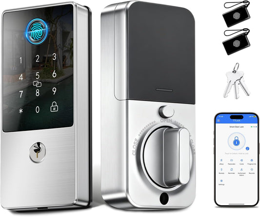 Smart Lock, Upgrade Keyless Entry Deadbolt Smart Lock with Keypad, Fingerprint Door Lock, Smart Locks for Interior Front Door, Biometric Digital Door Lock with Code App Control and Auto Lock(Silver)