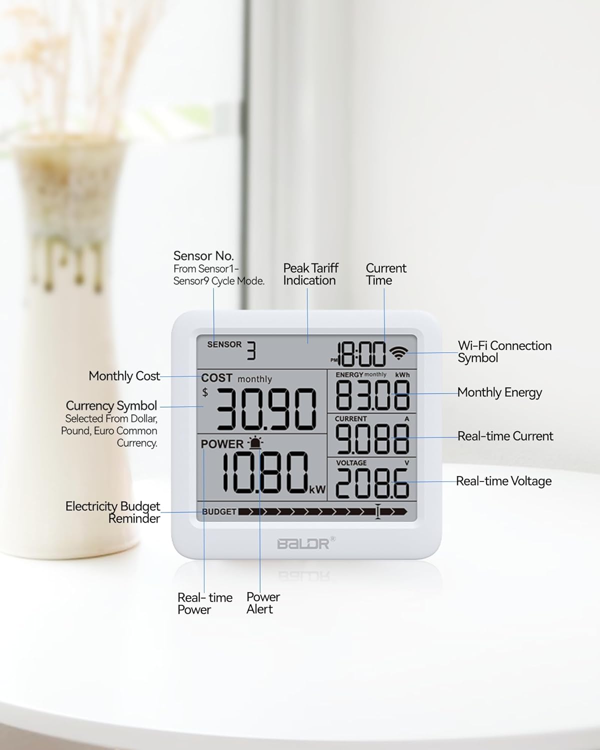 BALDR Wi-Fi Home Power Monitor Consumption Watt Meter w/Smart Socket - Electric Meter w/Tariffs & Budget Alerts, Power Meter Home Energy Monitor, Electricity Usage Monitor Smart- 2.4GHZ Network Only