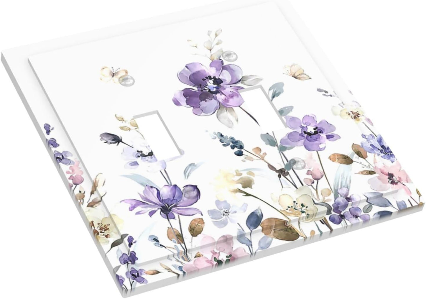 Decorative Switch Plates Purple Floral Lilac Watercolor Flower Leaves Butterfly Wildflower 2 Gang Double Toggle Wall Plate Outlet Light Switch Cover Electrical Faceplate for Bedroom Home Decor