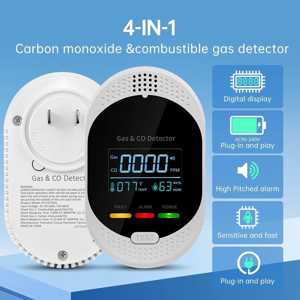 Natural Gas Detector，4-in-1 Carbon Monoxide Detectors Plug in，Combination Gas，Temperature Humidity Display，Carbon Monoxide Detectors & Gas Detector for Home，Apartment，RV