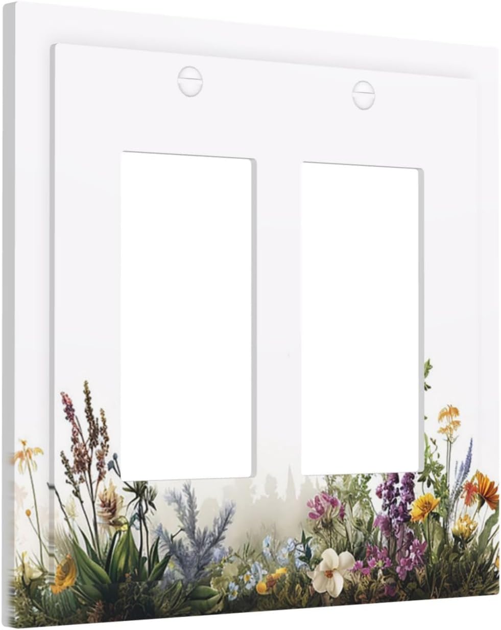 Decorative Outlet Covers White Background Colorful Flowers Plants Green Leaves 2 Gang Double Rocker Light Switch Cover Plate Electrical Switch Plate Cover Decorate GFCI Wall Plate for Bedroom Home