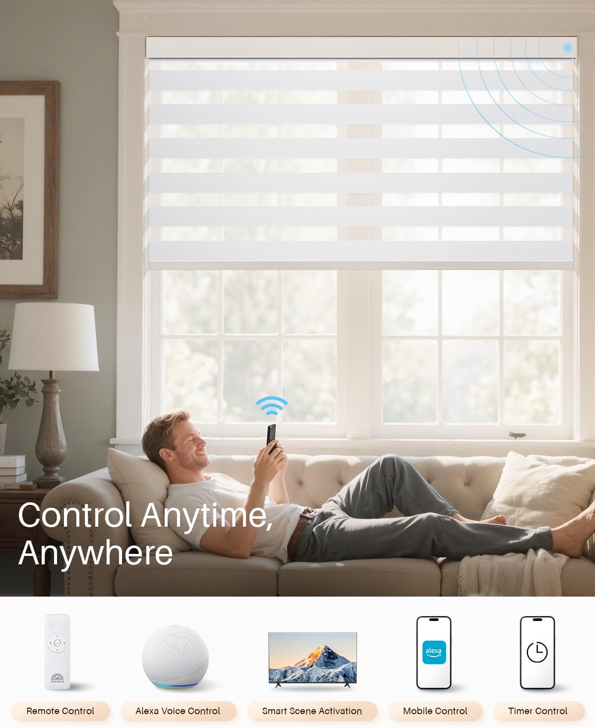 Smart Zebra Blinds for Windows, Alexa Motorized Blinds with Remote Control, Automatic Electric Power Zebra Shades for Indoor Windows (58" W x 72" H, White)