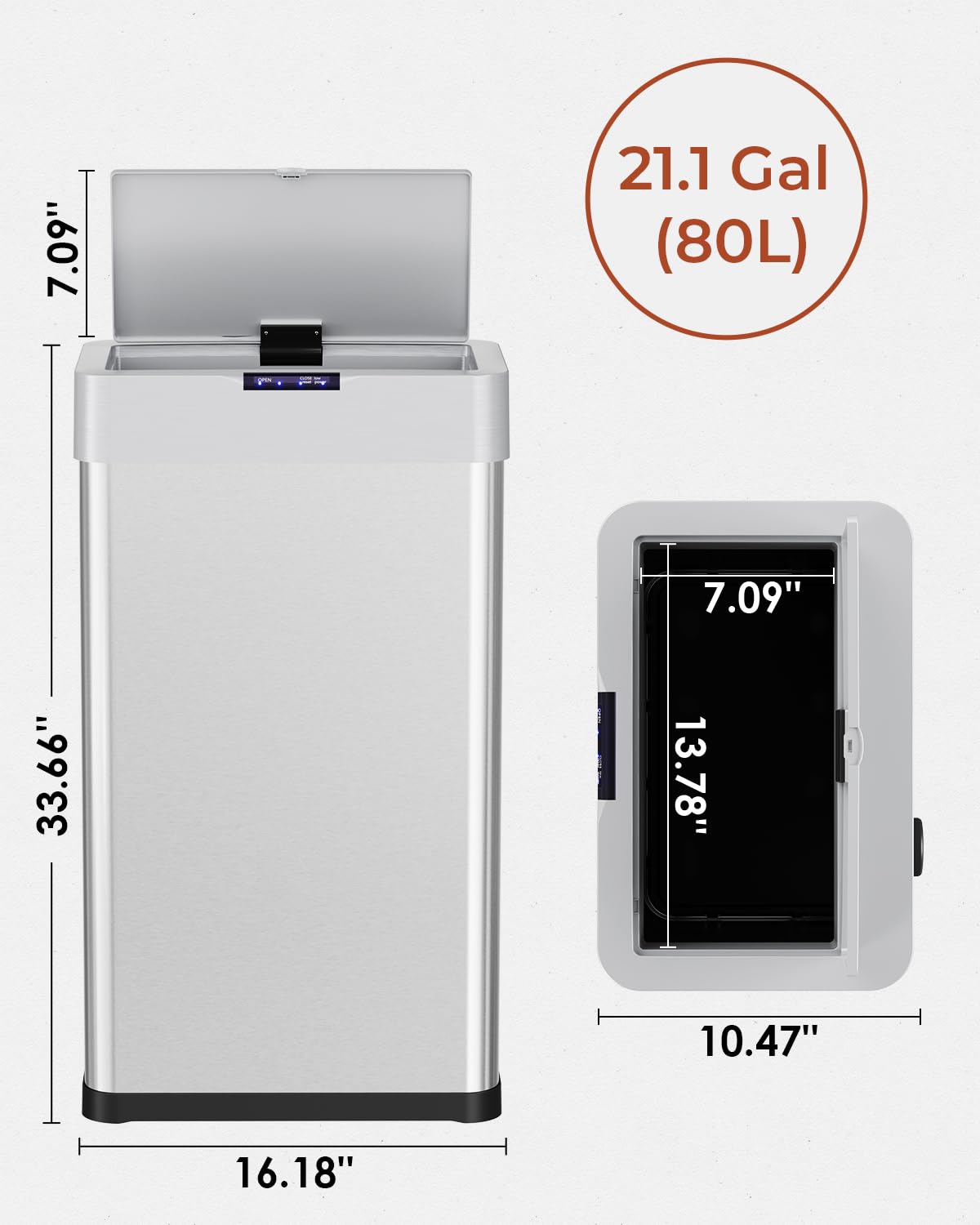 TLSUNNY 21.1 Gallon Motion Sensor Trash Can,Touchless Automatic Garbage Can,Brushed Stainless Steel Smart Bin,with Bag Holder,Soft Close Lid,for Kitchen,Office,RV,Bedroom,Living Room (Silver, 80L)