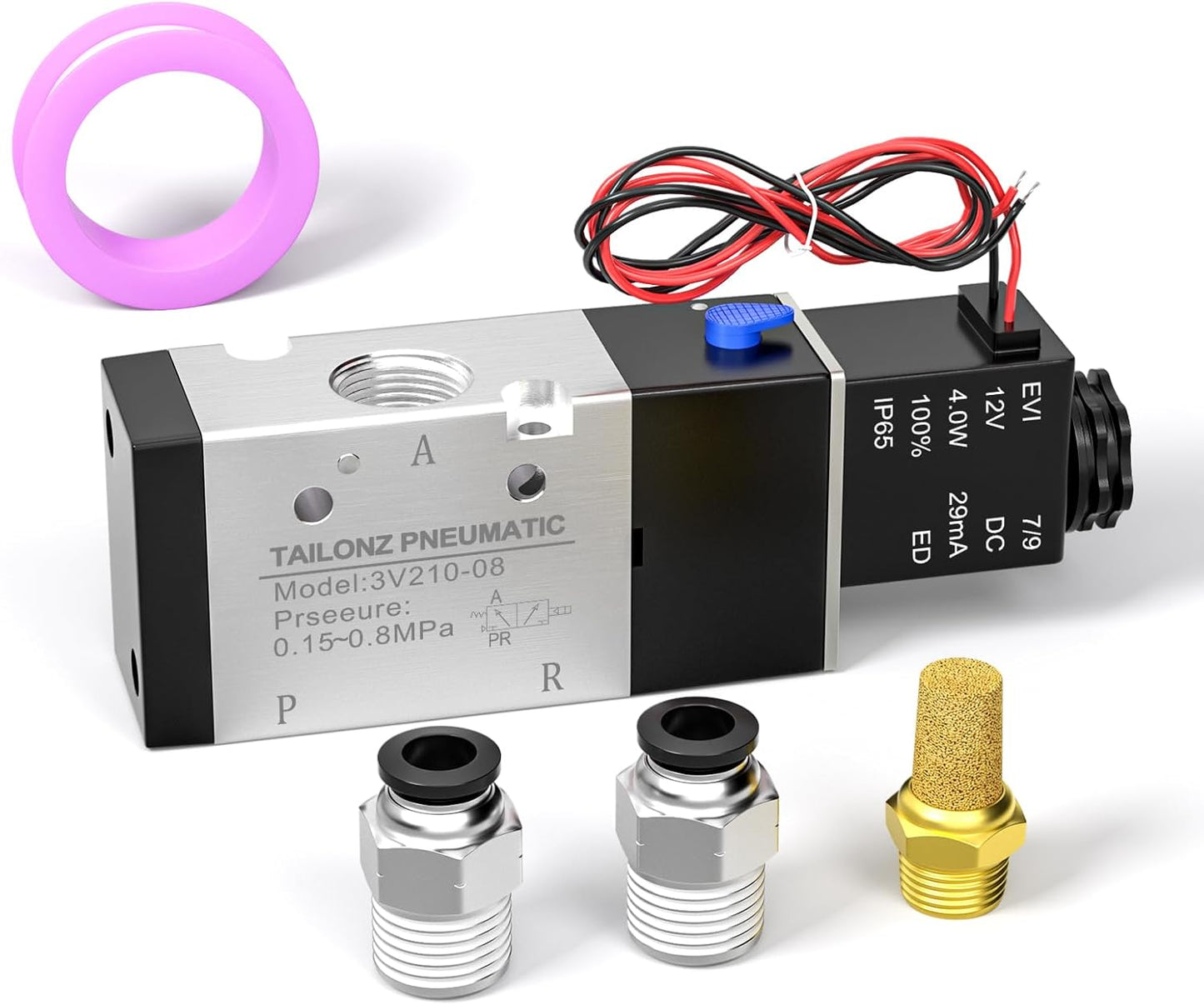 TAILONZ PNEUMATIC 1/8"NPT Solenoid Valve 3V110-06 DC12V Single Coil Pilot-Operated Electric 2 Position 3 Way Connection Type (Outlet wire)