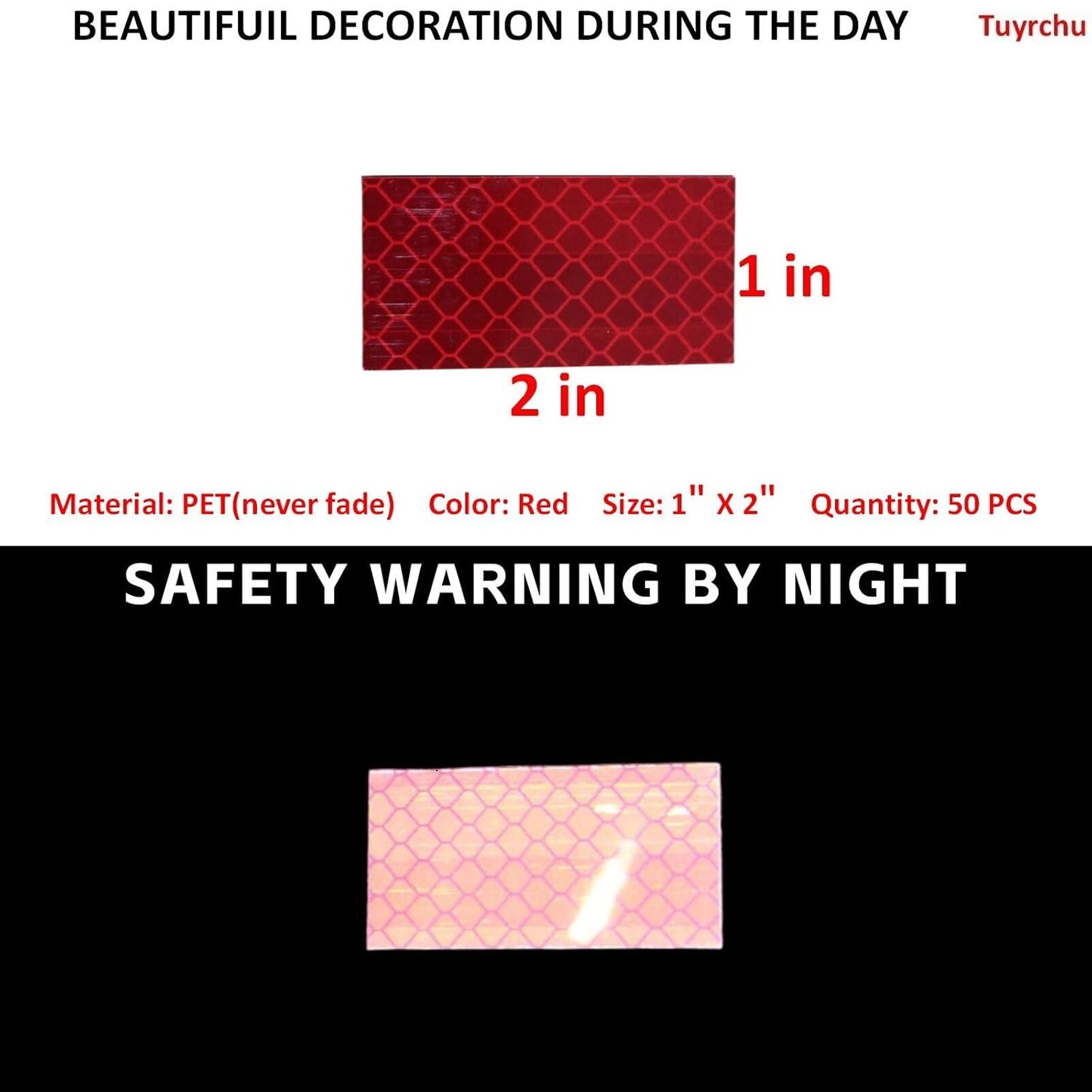Non Fading Red Reflective Stickers 1 inch X 2 inch, Outdoor Waterproof High Visibility Warning Safety Adhesive Reflector Tape (50 Pcs)