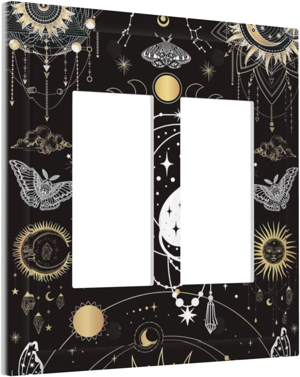 White Cat Tarot Moon Phases Moth Celestial Gothic Decorative Outlet Covers 2 Gang Double GFCI Rocker Electrical Wall Panels Light Switch Cover Plate for Kids Room Bedroom Decor
