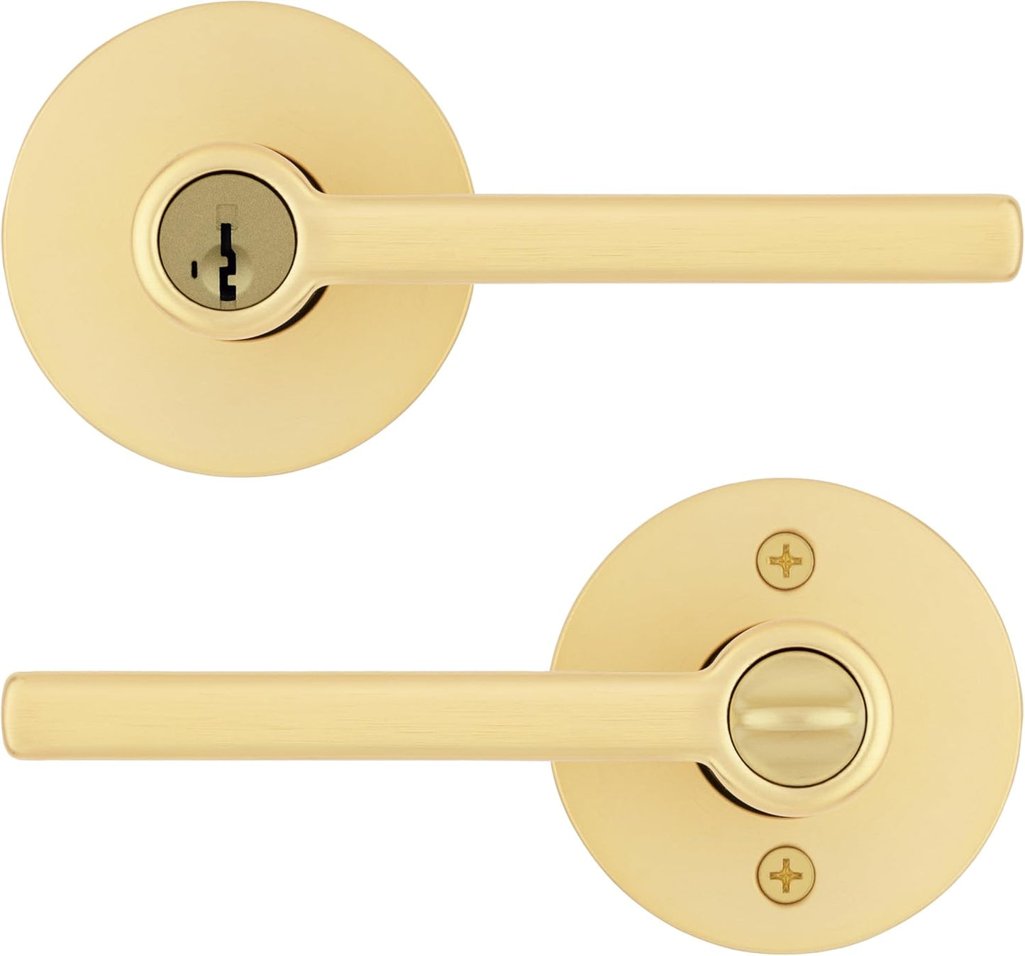 Kwikset Halifax Entry Door Handle with Lock and Key, Secure Keyed Reversible Lever Exterior, for Front Entrance and Bedrooms, Satin Brass, Pick Resistant Smartkey Rekey Security and Microban