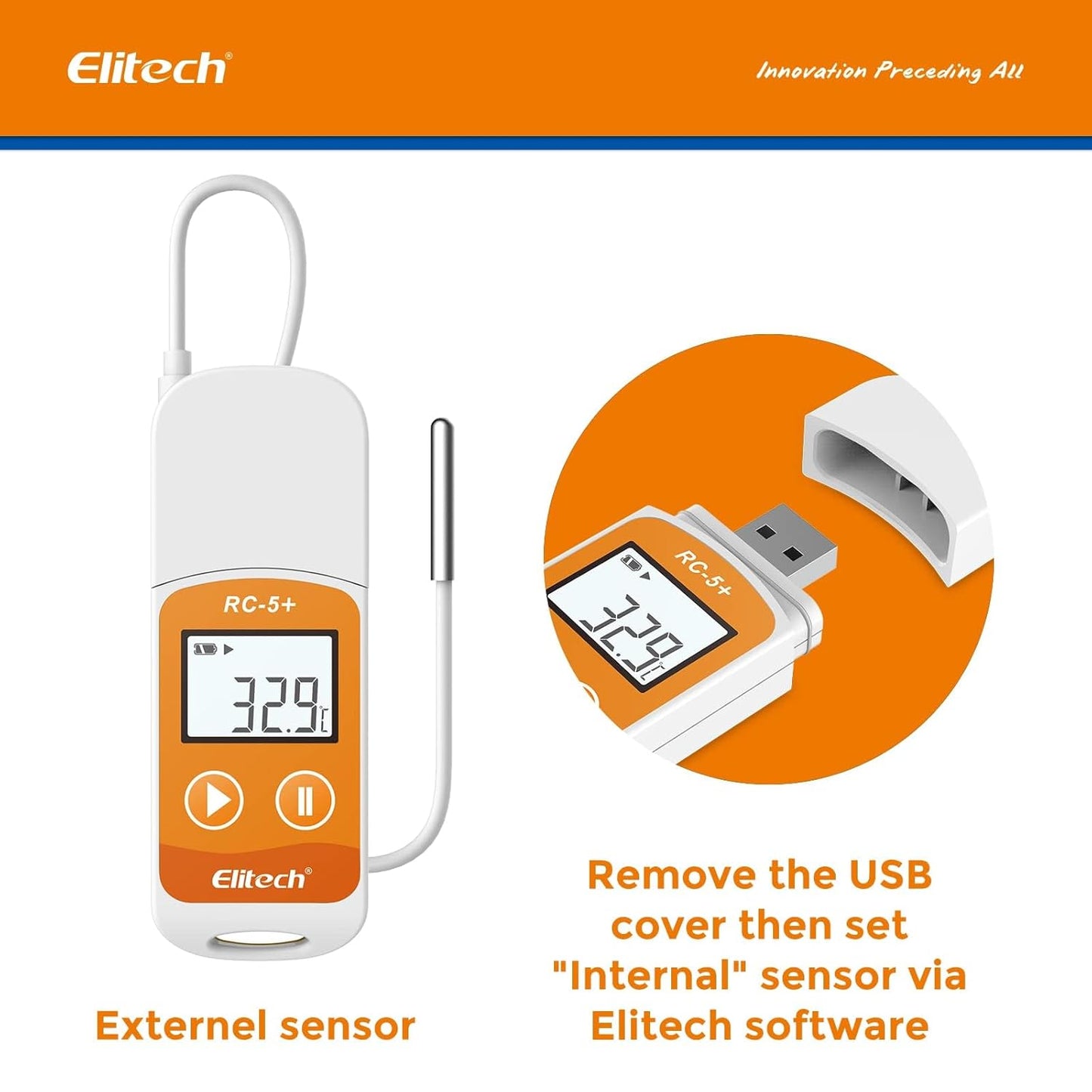 Elitech RC-5+ TE Digital PDF USB Temperature Data Logger Reusable Recorder Refrigerator Thermometer 32000 Points High Accuracy (Extra External Sensor)