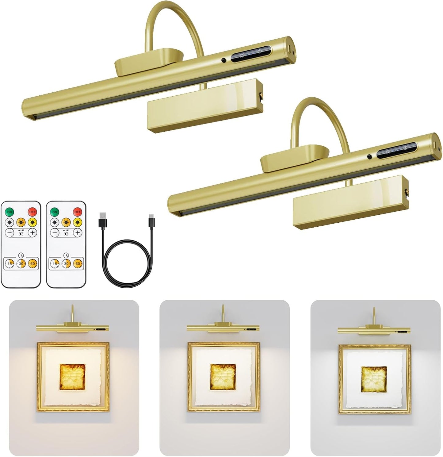 13.8inch Battery Operated Wireless Picture Light，Remote Control Painting Display Lights, Rechargeable Wall Lights with Three Modes and Power Display for Art Frame (13.8in Gold-2set)