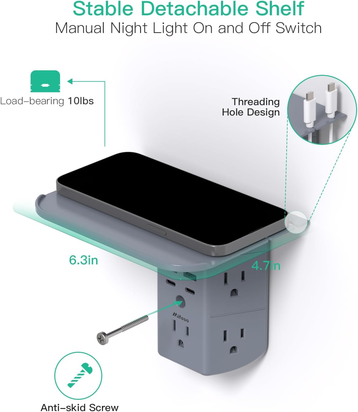 PD20W Wall Outlet Extender, Outlet Splitter with Shelf and Night Light, USB Wall Charger with 5 AC Outlets and 3 USB A Ports 1 USB C Ports Wide Space 3-Sided Power Strip Multi Plug Outlets Gray