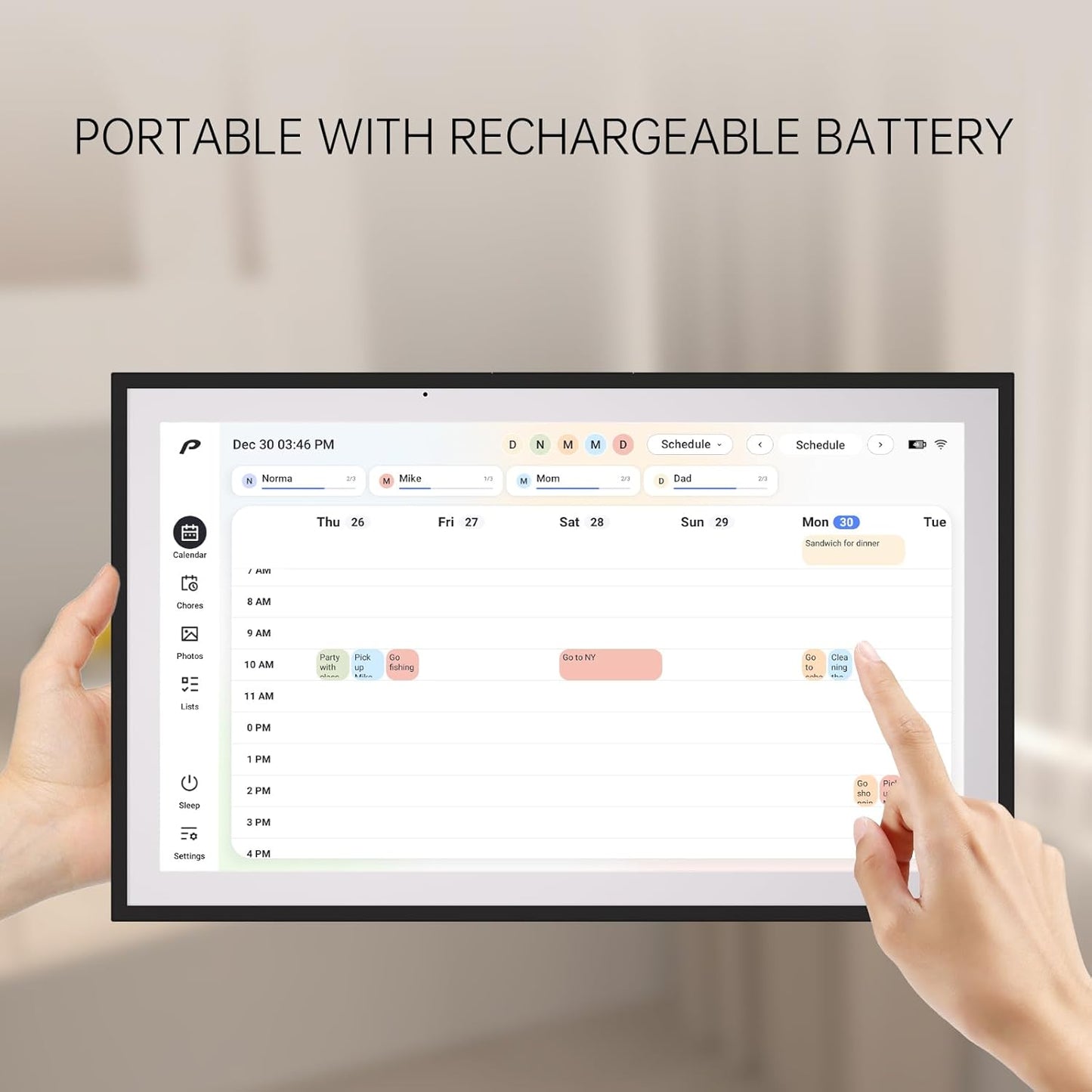 Digital Calendar, 15.6 inch Wall Planner & Chore Chart, Rechargeable Full HD Touchscreen Display, Portable Smart Family Organizer, Event Planner, Desk and Wall mountable, No Subscription, Christmas Gifts for Dad Mom