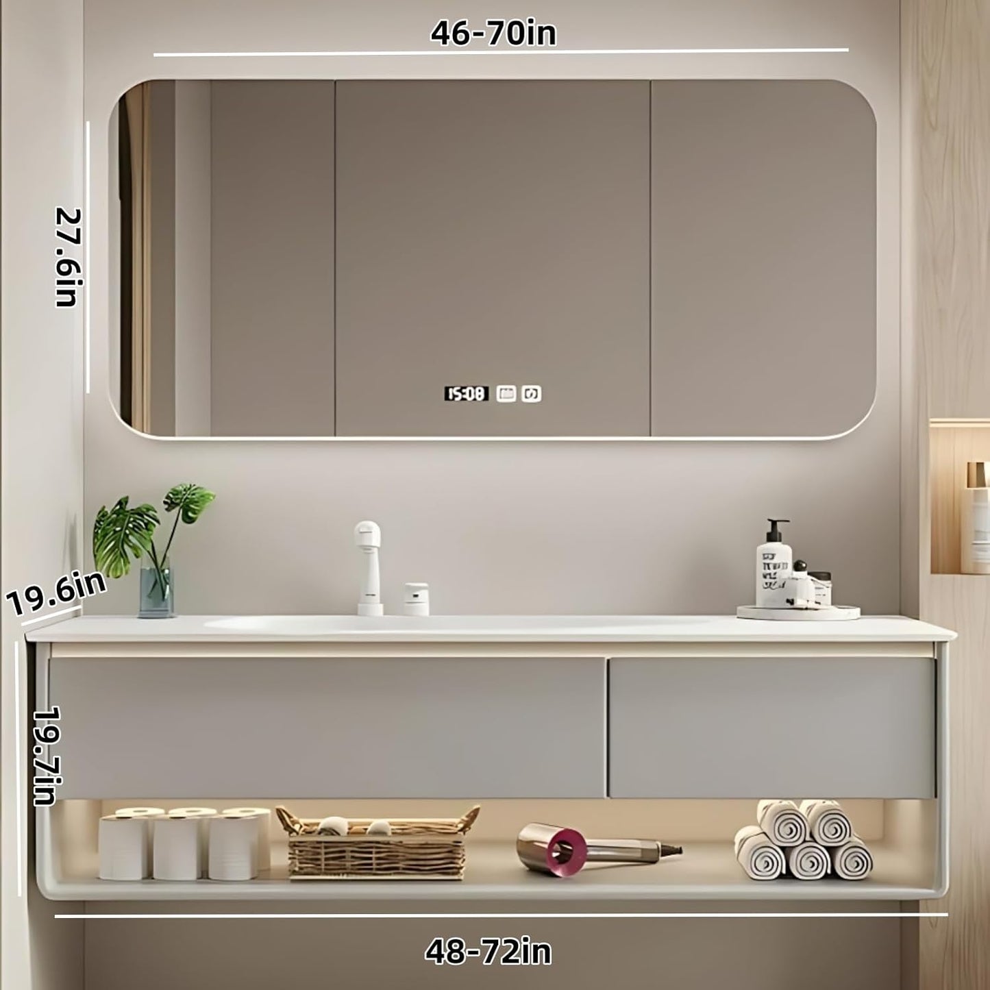 48IN Grey Bathroom Vanity Set - Floating Bathroom Vanity with Single Sink | Including LED Smart Defogging Mirror Cabinet & Time Display Function, Equipped with Motion Sensing Light Strip (Style A)