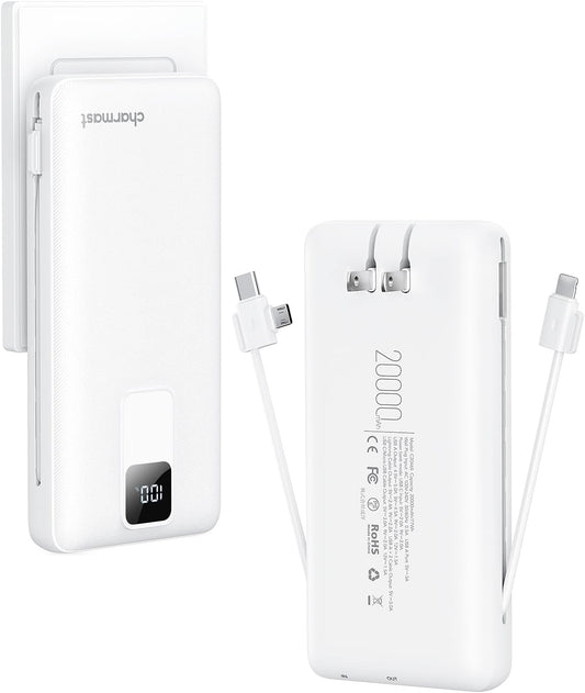 charmast Portable Charger with Built-in Cables and Wall Plug, 20000mAh 20W USB C Power Bank Fast Charging Battery Pack Travel Essentials Compatible with iPhone 16/15/14/13 Series, Samsung Google iPad