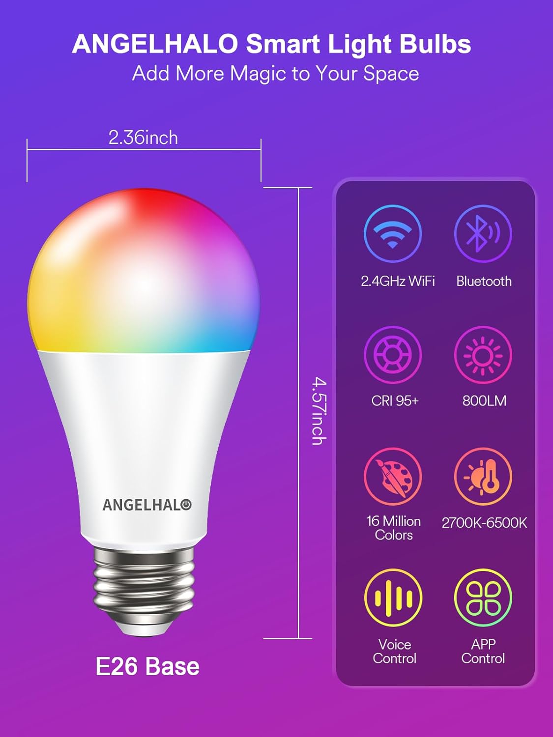ANGELHALO Smart Light Bulbs, Color Changing A19 LED Light Bulb, Work with Alexa and Google Assistant, Wi-Fi & Bluetooth Light Bulbs, 16 Million Colors RGBCW, Music Sync, 800 Lumens, 2.4Ghz only,4 Pack