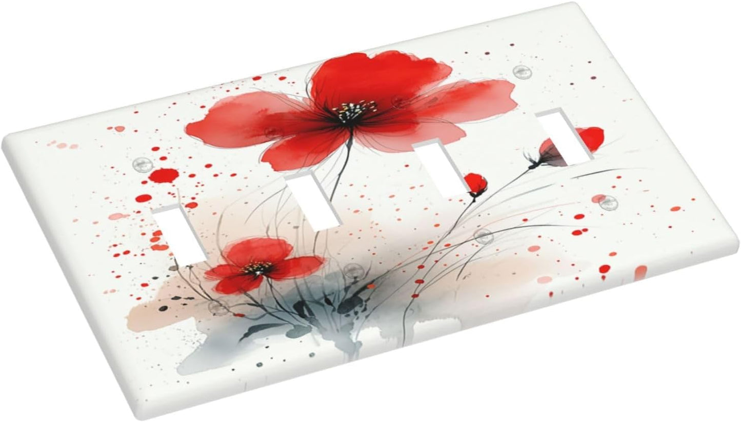 Vintage Watercolor Red Flowers Floral Light Switch Covers Quad Toggle 4 Gang Wall Plate Decorative Switch Plates Electrical Faceplate for Bedroom Bathroom Decor