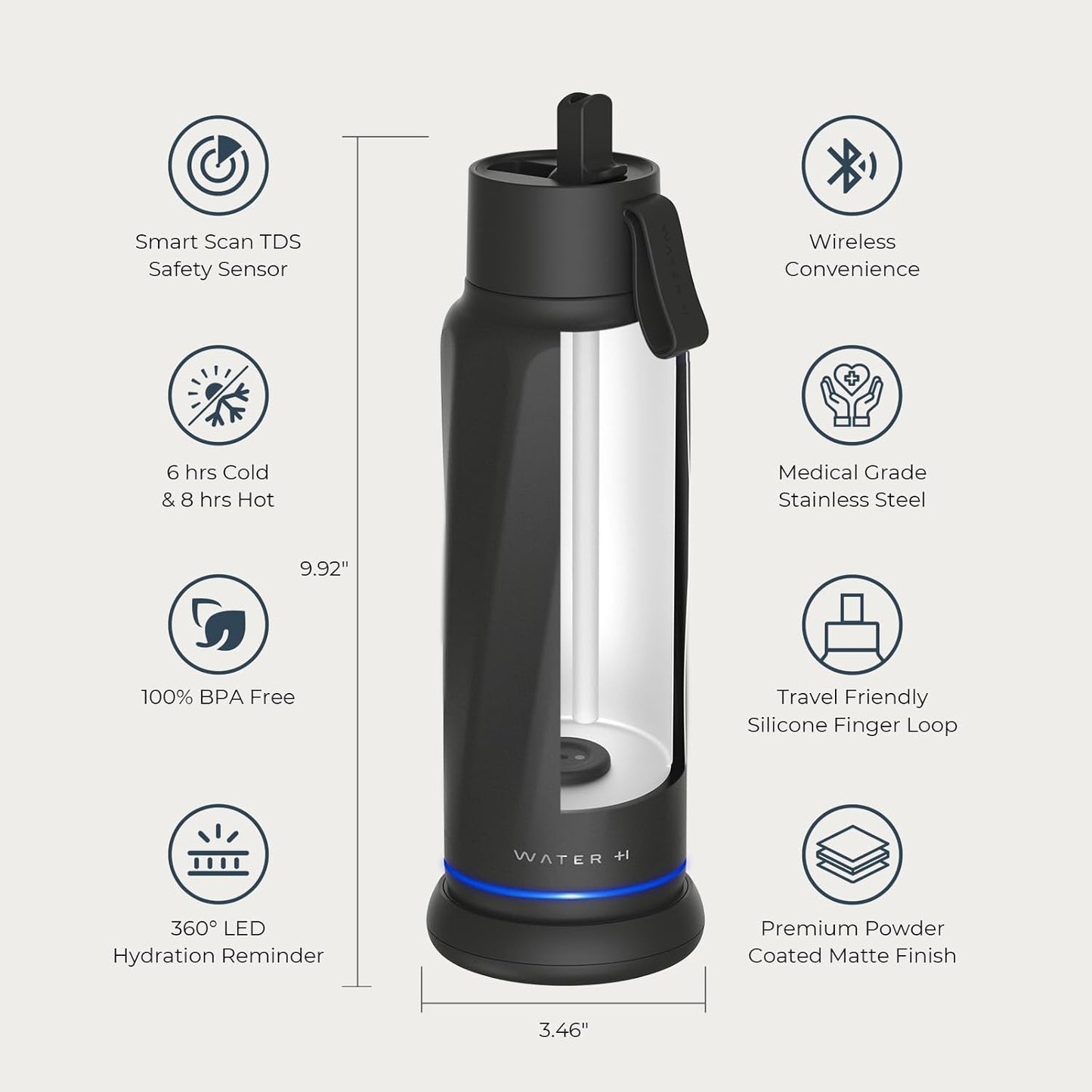 WATERH Vita Smart Water Bottle with Reminder to Drink Water, BPA-Free Vacuum Insulated Water Bottles with Filter & Straw, Bluetooth Intake Water Tracking Bottle, Ideal for Gift (18 oz)