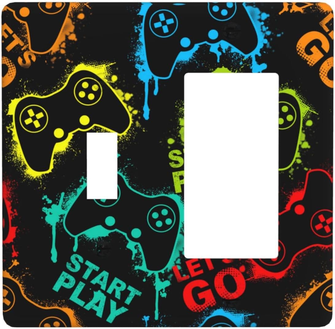 Decorative Outlet Covers Gamepad Theme Graffiti 2 Gang Wall Plate Single Toggle 1 Rocker Light Switch Cover Switch Plate Covers Faceplate for Game Room Bedroom Home Decor