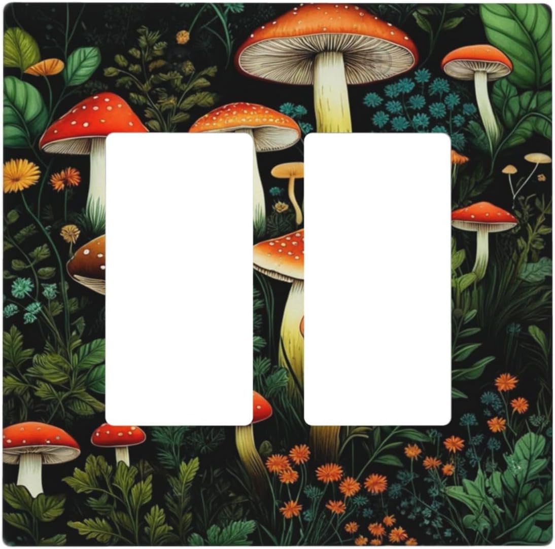 Decorative Outlet Covers Boho Red Mushroom Green Leaf Plants Floral 2 Gang Wall Plate Double Rocker Switch Light Switch Plate Covers Jumbo Dual Electrical GFCI Switch Cover Plate