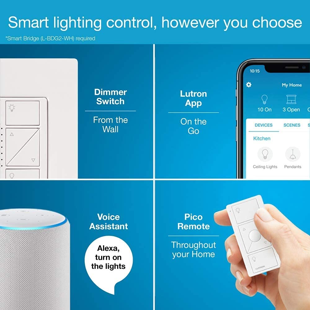 Lutron Caseta Original Smart Dimmer Switch (Lutron Smart Hub Required), for LED Lights, 150 Watt, Single-Pole/3-Way, No Neutral Required, PD-6WCL-LA, Light Almond, 10 Pack