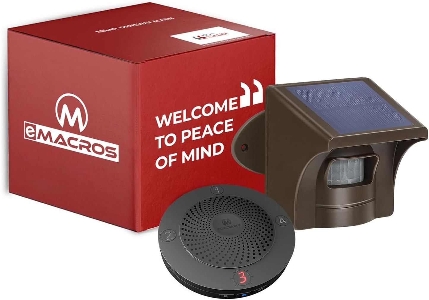 eMACROS Solar Wireless Driveway Alarm — 1/2 Mile Long Range Motion Sensor for Long Driveways, Homes & Large Properties, Outdoor Weatherproof Security Alert System, Plug‑in Receiver