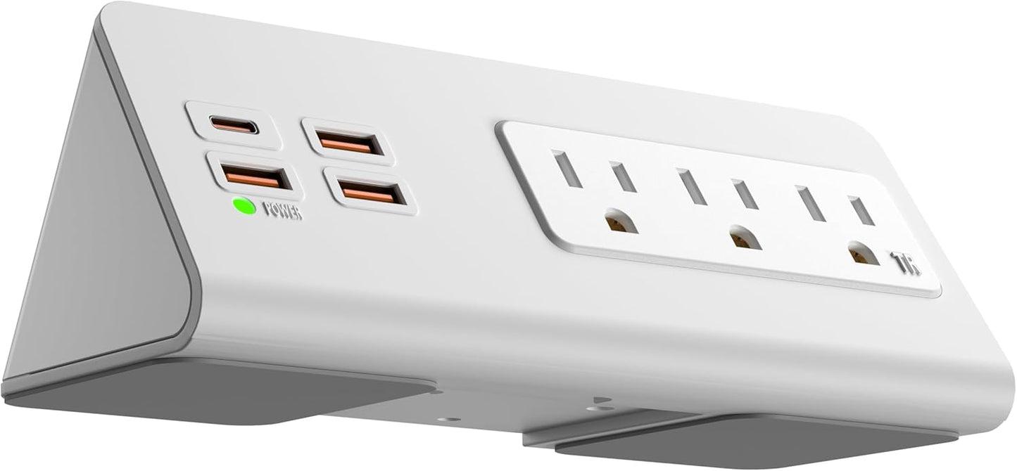Power Charge Station Edge clamp Mount with USB-C Ports，Tabletop Surge Protector, Desk Clamp Power Sockets with 3 AC Outlets and 4 Fast Charging USB Ports for Home Office Hotel and Dormitory (White)